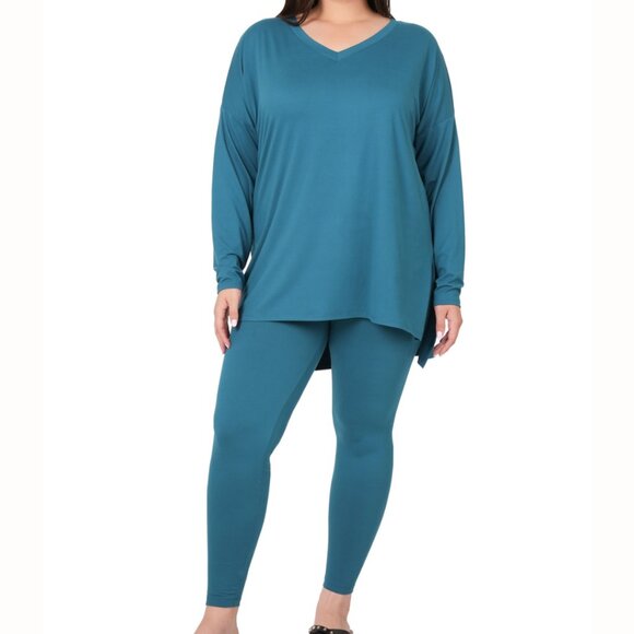 V‑Neck Long‑Sleeve Loungewear Leggings Set – Buttery Soft Brushed DTY Microfiber - Picture 2 of 5